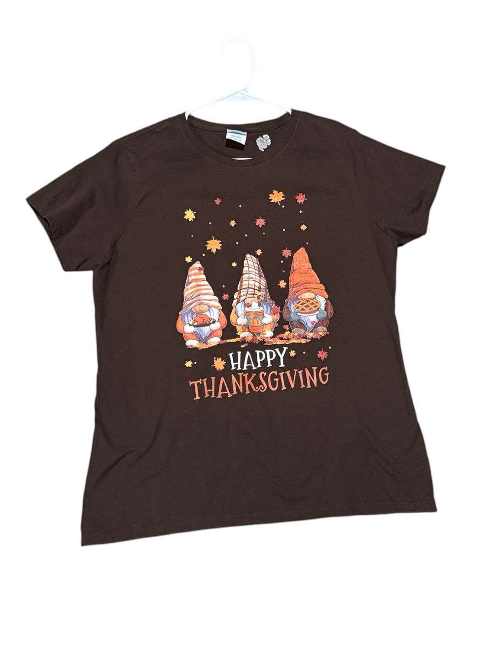 Port & Company Happy Thanksgiving Gnome Graphic Tee Shirt Brown Cotton - Large